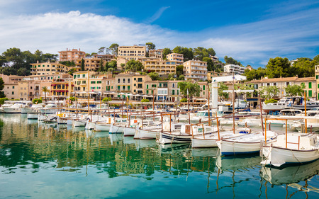 Beautiful view of Port de Soller, bay of Majorca island, Spainの写真素材