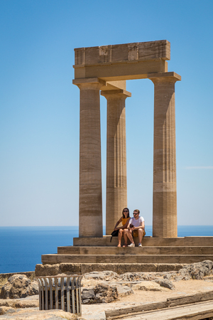 21 JUNE 2017. Tourists in the Acropolis of Lindos. Rhodes island, Greeceのeditorial素材