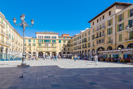 Palma, Majorca, Spain. 11 MAY 2016. Tourists walking along the main square of Palma, Balearic Islands.のeditorial素材
