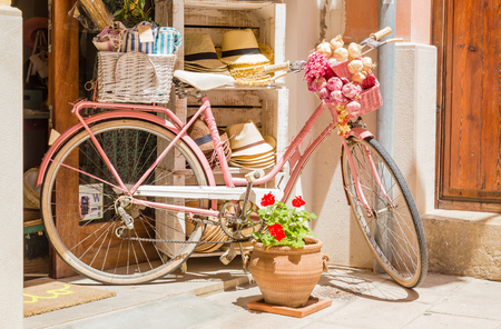 14 MAY 2016. Decorative bicycle near the shop in Palma de Mallorca, Spainのeditorial素材