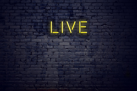 Night view of neon sign with text live.の写真素材