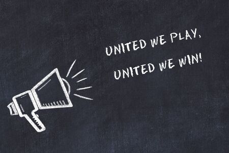 Chalk board sketch with loudspeaker and handwritten short motto.の写真素材