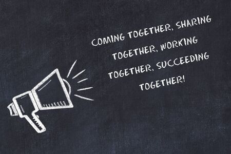 Chalk board sketch with loudspeaker and handwritten short motto.の写真素材