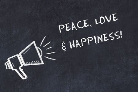 Chalk board sketch with loudspeaker and handwritten short motto.の写真素材