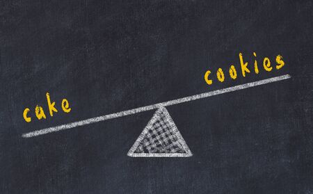 Chalk board sketch of scales. Concept of balance between cookies and cakeの写真素材