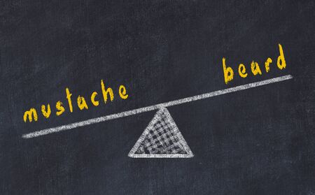 Chalk board sketch of scales. Concept of balance between beard and mustacheの写真素材