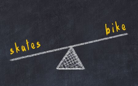 Chalk board sketch of scales. Concept of balance between skates and bikeの写真素材