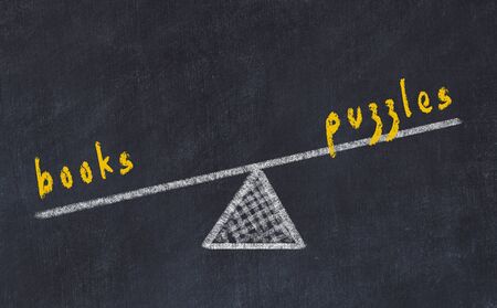 Chalk board sketch of scales. Concept of balance between books and puzzlesの写真素材