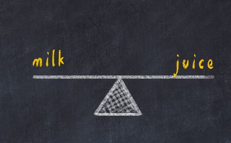 Chalk board sketch of scales. Concept of balance between milk and juice.の写真素材