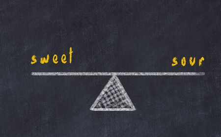 Chalk board sketch of scales. Concept of balance between sweet and sour.の写真素材