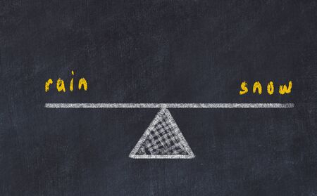 Chalk board sketch of scales. Concept of balance between rain and snow.の写真素材