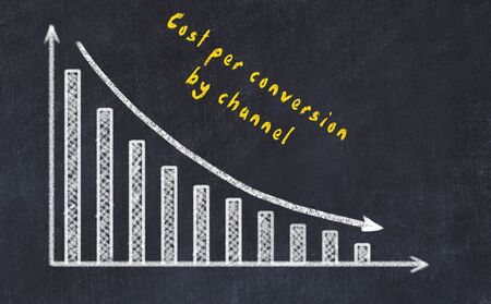 Black chalk board with drawing of decreasing business graph with down arrow and inscription .の写真素材