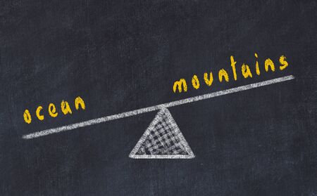 Chalk board sketch of scales. Concept of balance between ocean and mountainsの写真素材