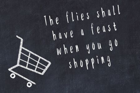 Chalk drawing of shopping cart and short quote about shopping on black board.の写真素材