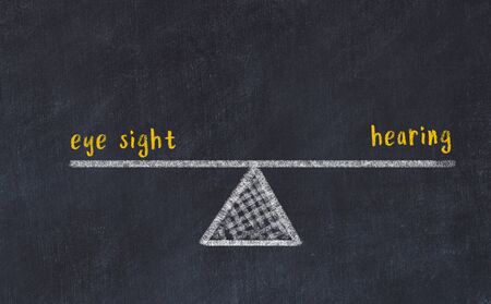 Chalk board sketch of scales. Concept of balance between eye sight and hearing.の写真素材
