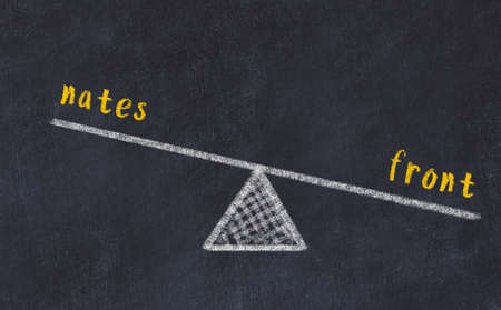 Chalk drawing of scales with words nates and front on black board. Concept of balanceの写真素材
