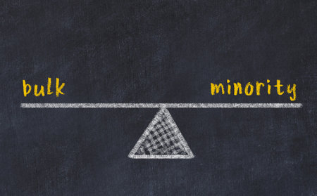 Chalk drawing of scales with words bulk and minority on black board. Concept of balanceの写真素材