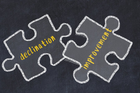 Ploblem solving. Chalk sketch of two puzzles with words declination and improvement on black...