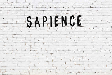 White brick wall with inscription sapience handwritten with black paintの写真素材