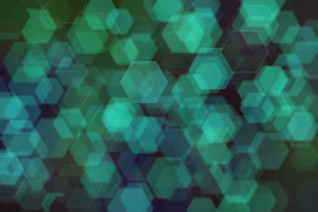 Harmonic gradient with transitions of green and blue colors and hexagon shaped bokeh.の写真素材