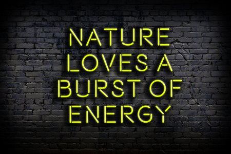 Night view on neon inscription of wise quotation on brick wall