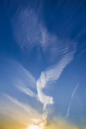 Cirrus clouds at sunset on a winter eveningの写真素材