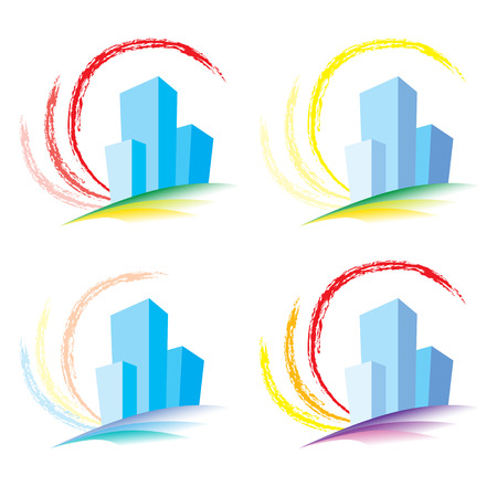 Schematic of the building on a background of a symbolic sun. Vector illustration.のイラスト素材
