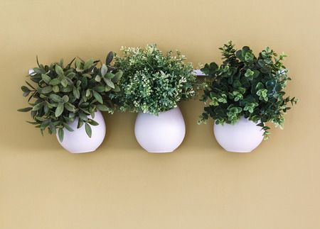 White spherical flower pots with flowers hanging on the wallの写真素材