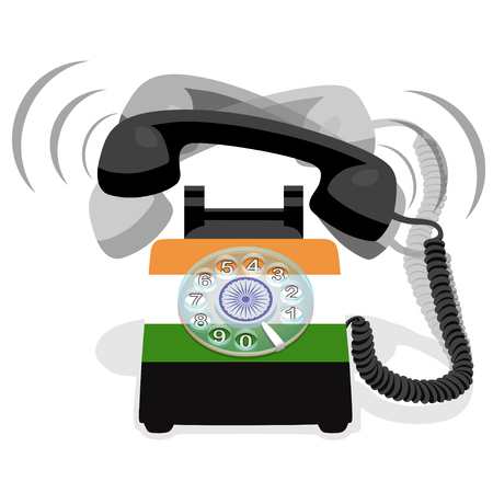 Ringing black stationary phone with rotary dial and with flag of India. Vector illustration.のイラスト素材