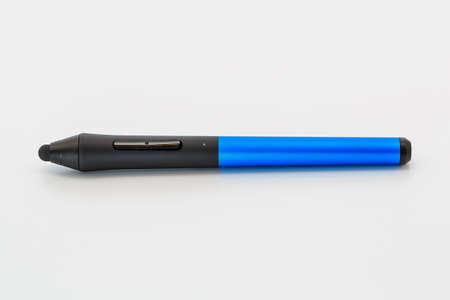 Digital wireless stylus pen with rubber tip and functional button for touch screen tablet on white background. Close-up viewの写真素材