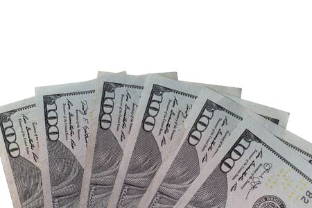 Fan of american dollars on a white background, isolated, 100 banknotesの写真素材