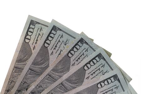 Fan of american dollars on a white background, isolated, 100 banknotesの写真素材