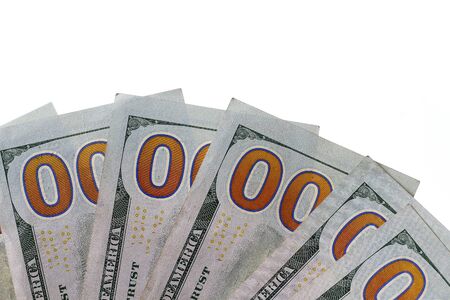Fan of american dollars on a white background. Zeros, concept of loss, crisis and lack of resultsの写真素材