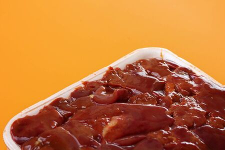 Raw chicken liver closeup, recipe for cookingの写真素材