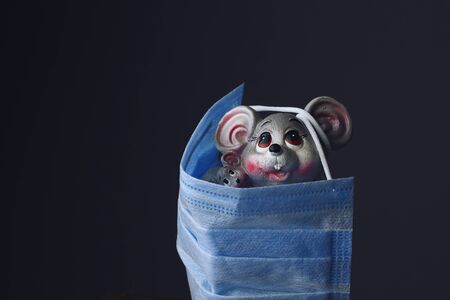 The mouse is a symbol of the year 2020 according to the Eastern calendar and a medical surgical mask as a symbol of the Covid-19 pandemic. Copy space to place inscription or text.の写真素材