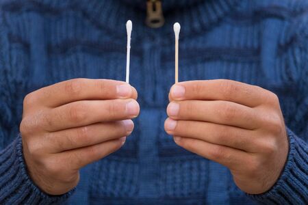 Concept alternative to plastic cotton swabs for hygiene in favor of woodenの写真素材