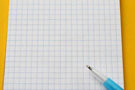 A blank sheet of checkered Notepad and a pen . Place for an inscription or text . Mockup with copy spaceの写真素材