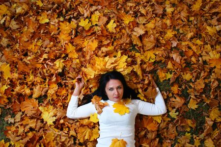 Beautiful brunette woman in the autumn park in the most amazing and colorful period of autumn. Autumn photo shoot. Tonedの写真素材