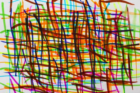 Chaotic strokes of multi-colored felt-tip pens on a paper surface. Backgroundの写真素材