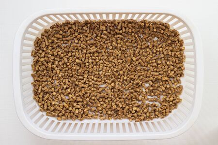 This is a valid cat litter tray. Natural eco-friendly wood filler for animal toilet. Background