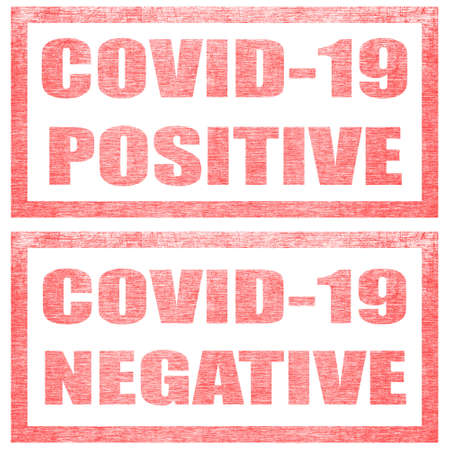 Set of two stamps with red text on a white background. Covid-19 positive, Covid-19 negative. Virus...