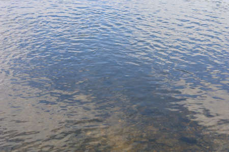 Clean and transparent fresh river water with a reflection of the sky. Selective focus. Good ecology...