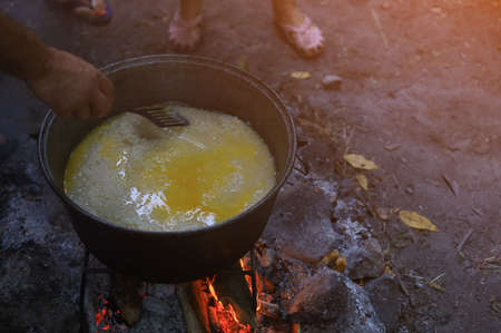 Abstract background on the theme of cooking in a camping or hiking setting. Selective focus with blurred backgroundの写真素材