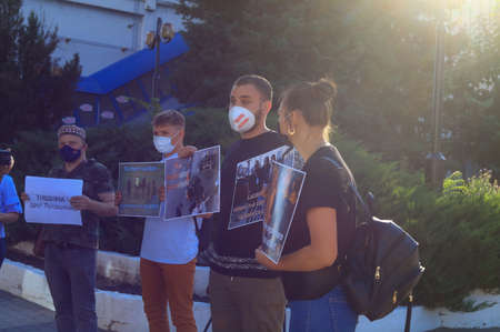 August 13, 2020 Balti, Moldova Protest of journalists in support of colleagues from Belarus. Mass Media against violenceのeditorial素材