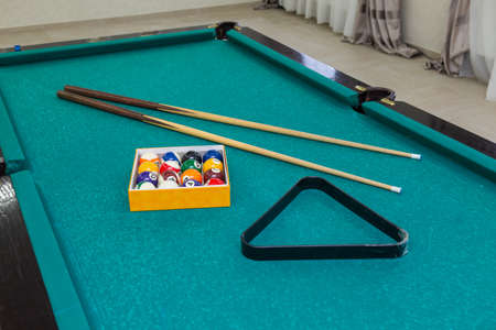 Billiard table in the bar. Abstract universal illustrative background. Poolの写真素材