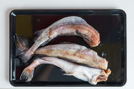 Raw fish hake. Abstract culinary background. Cooking healthy diet food. Selective focus.