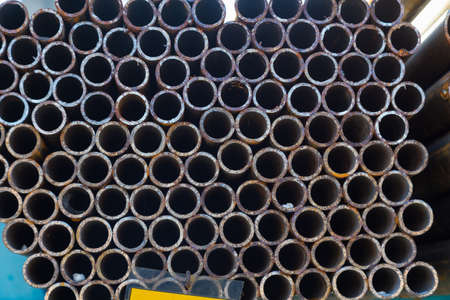 Metal base universal background. Store product warehouse. Steel tubes