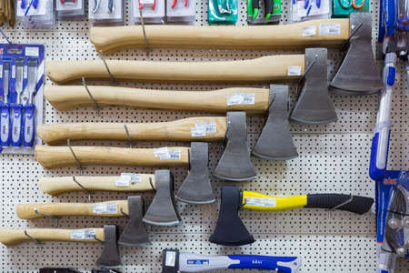 October 14, 2020 Balti or Beltsy Moldova Building materials store. Illustrative editorial. Axes of different sizesのeditorial素材