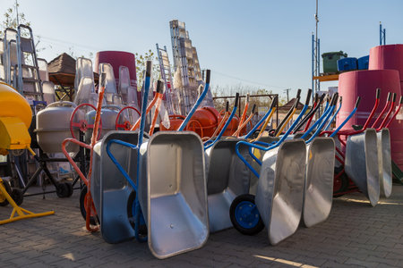 Wheelbarrows or carts for construction work. Wholesale base or warehouse of a hardware store....