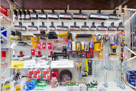 October 14, 2020 Balti or Beltsy Moldova Building materials store. Illustrative editorial. Department of tools for putty and plasterのeditorial素材